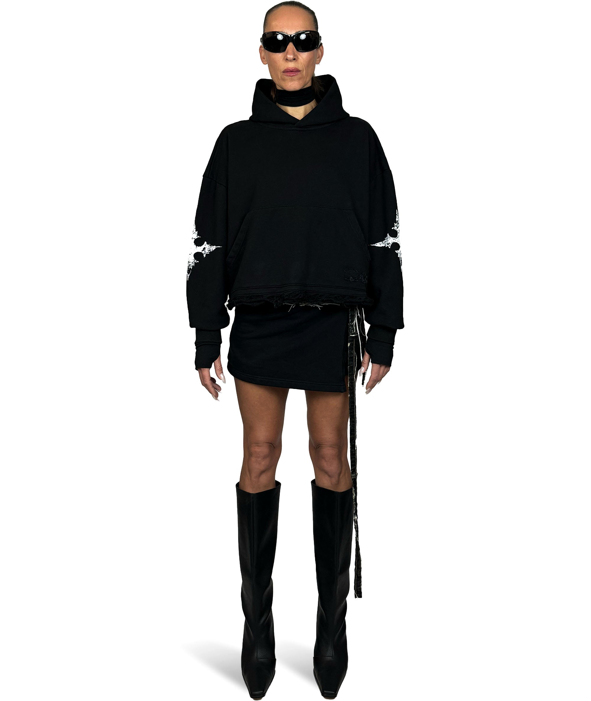 black cropped hoodie with white cross details