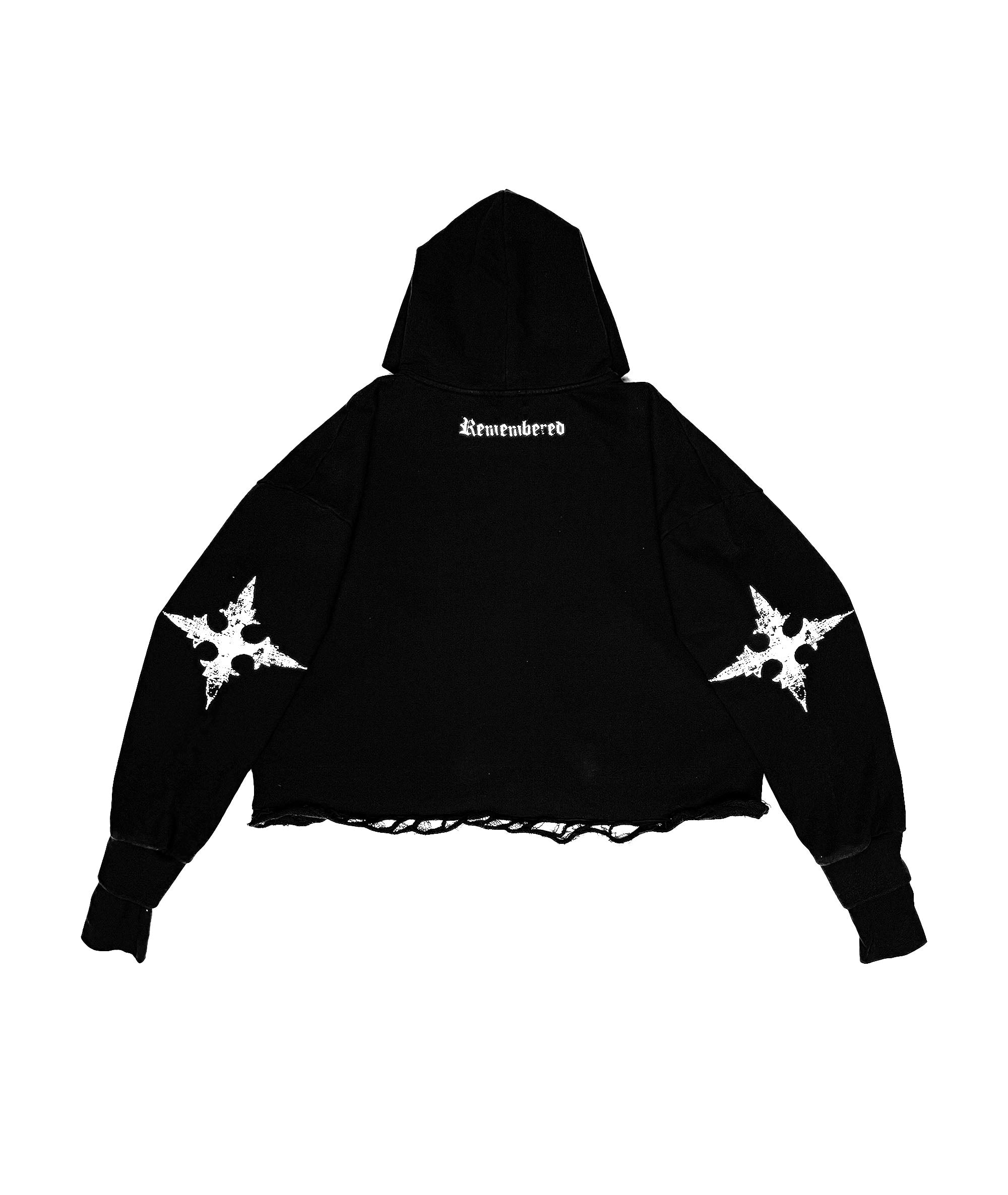 black cropped hoodie with white cross details