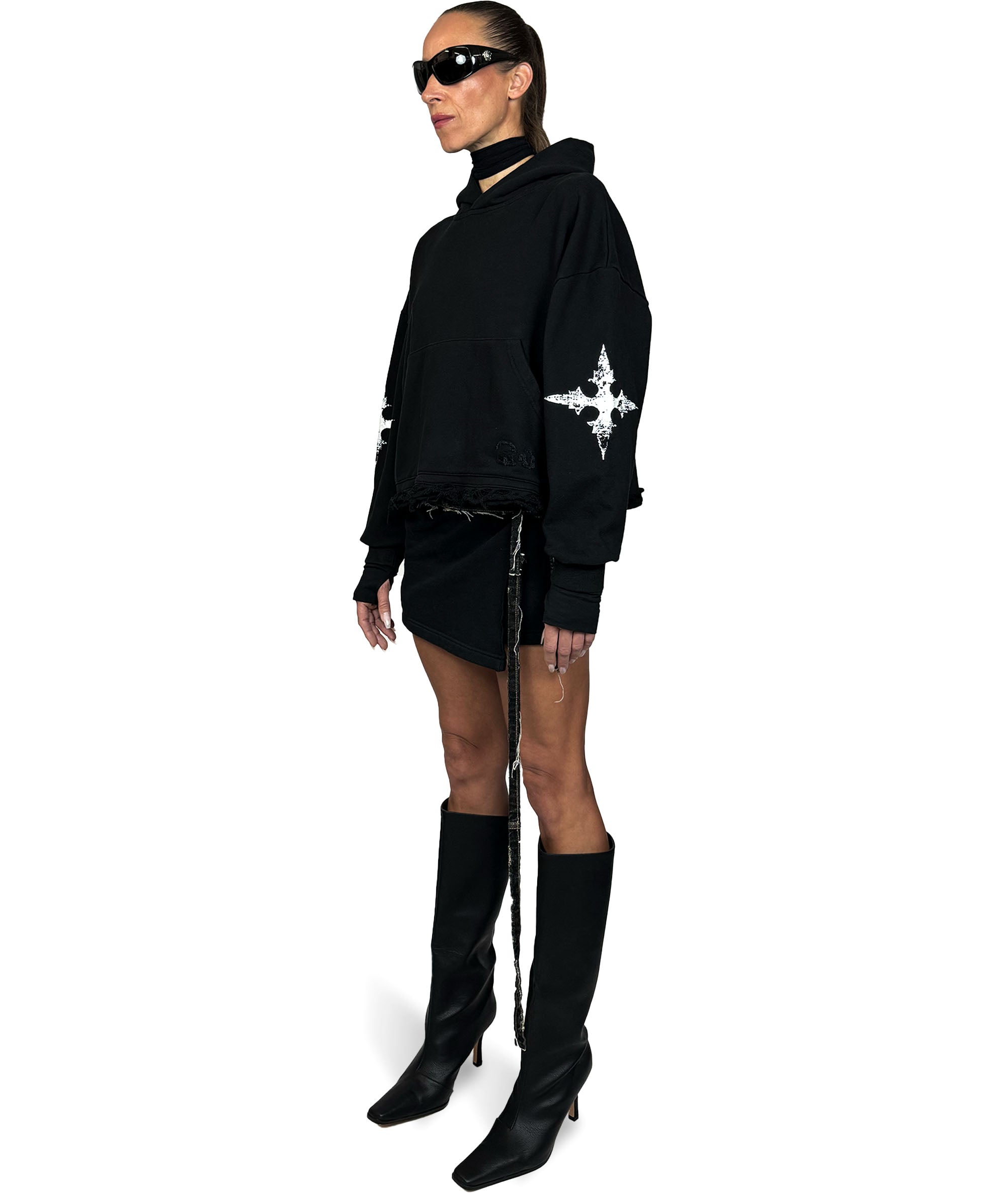 black cropped hoodie with white cross details